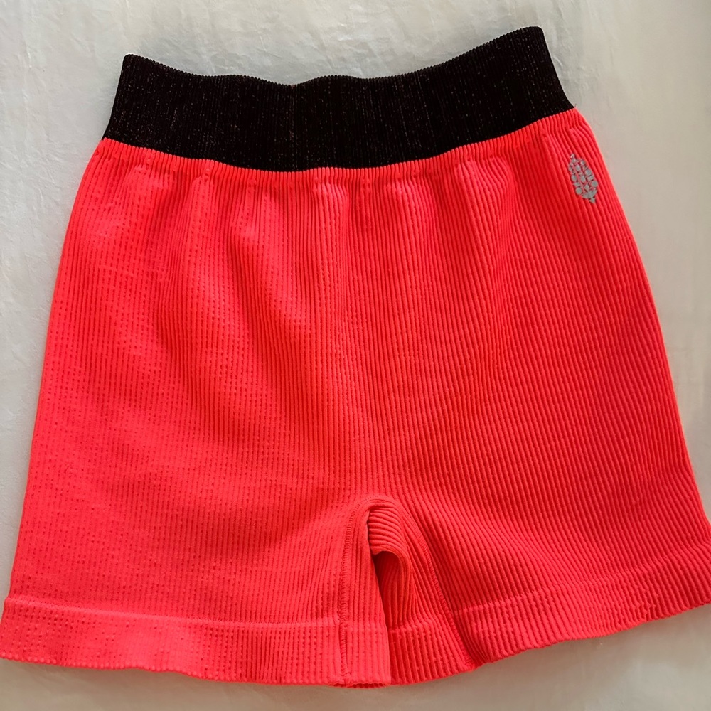 NEW Free People Movement Neon Coral Red/Orange Ribbed Prajna Bike Shorts